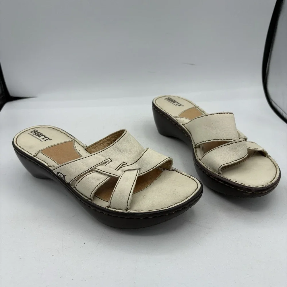 Born Sandals Womens Size 7 Leather Slide Mule‎ Wedge White Strappy